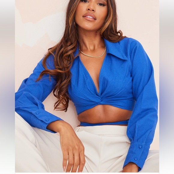 PRETTYLITTLETHING Bright Blue Linen Cut Out Wrap Top - NWT - Picture 1 of 4